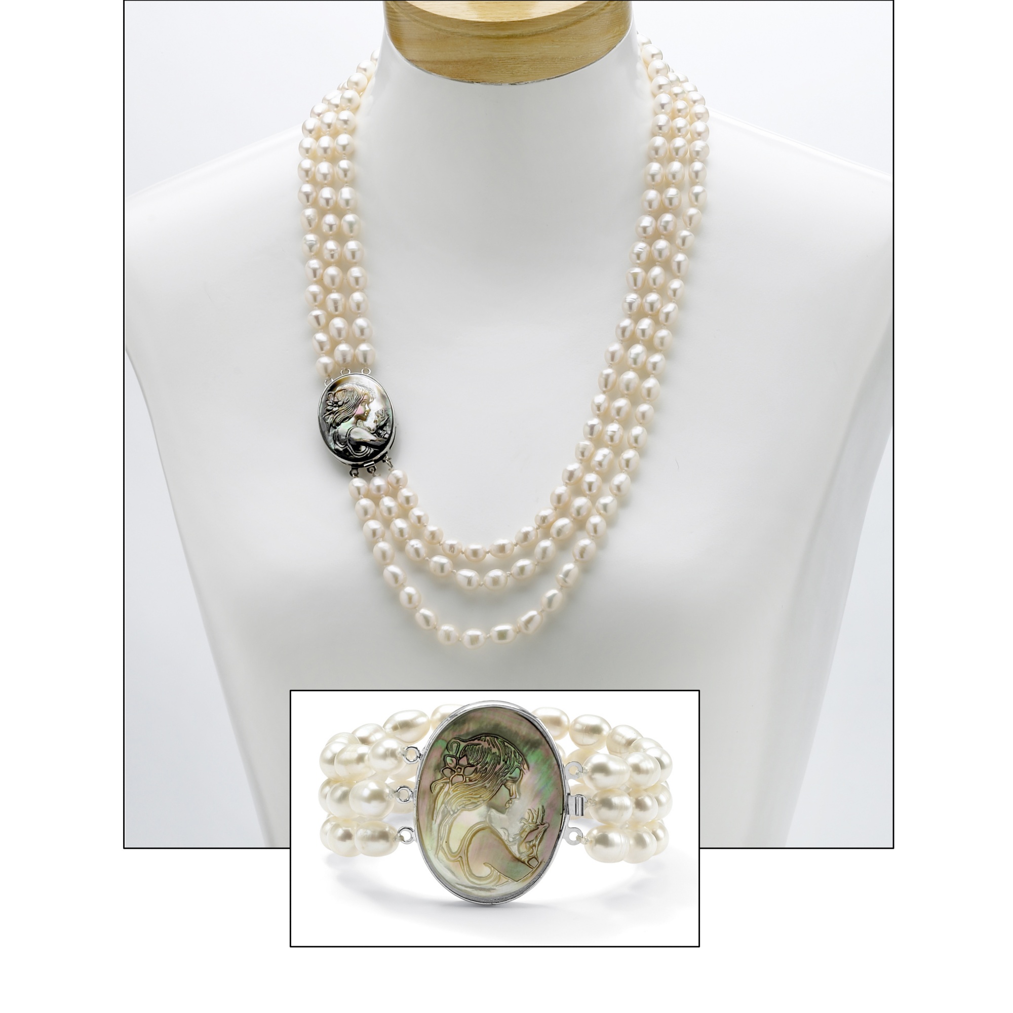 Cultured Freshwater Pearl and Black Mother-of-Pearl Cameo Triple-Strand Necklace and Bracelet Set in Silvertone