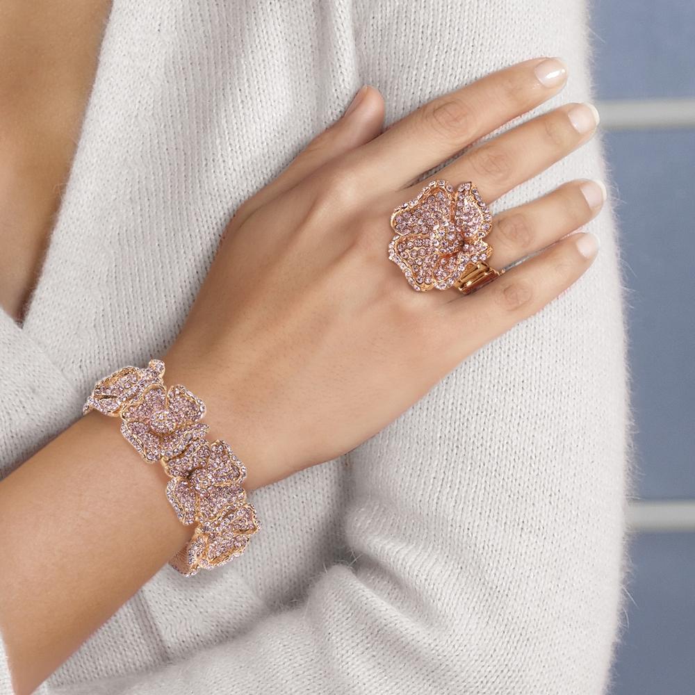 PalmBeach Jewelry Pink Crystal Rose Gold-Plated Multi-Petal Flower Stretch Bracelet and Ring Set