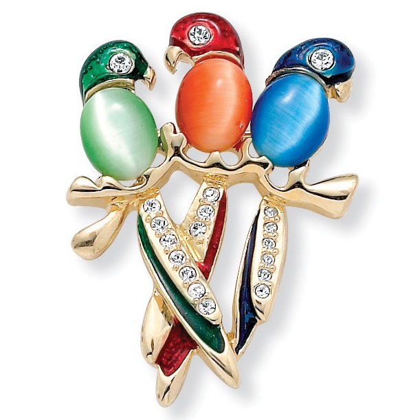 Multi-Color Simulated Cat's Eye  Crystal and Enamel Parrot Pin in Yellow Gold Tone