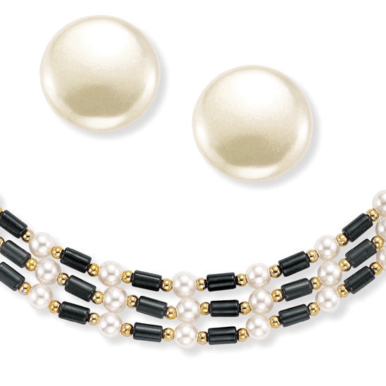 2 Piece Simulated Pearl Beaded Triple Strand Necklace and Clip-On Earrings Set in Yellow Gold Tone
