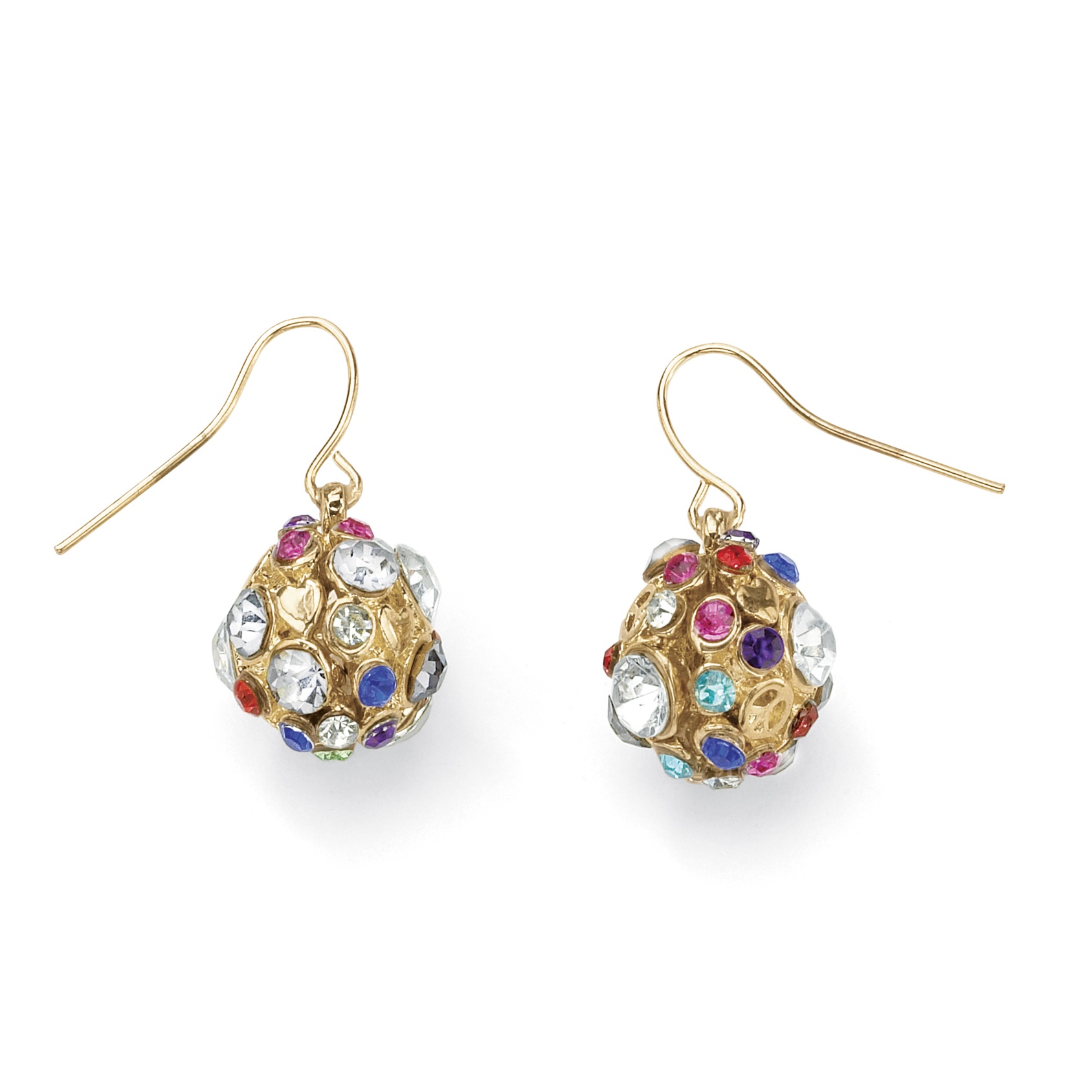 Round Multi-Colored Crystal Yellow Gold Tone Ball-Shaped Drop Earrings