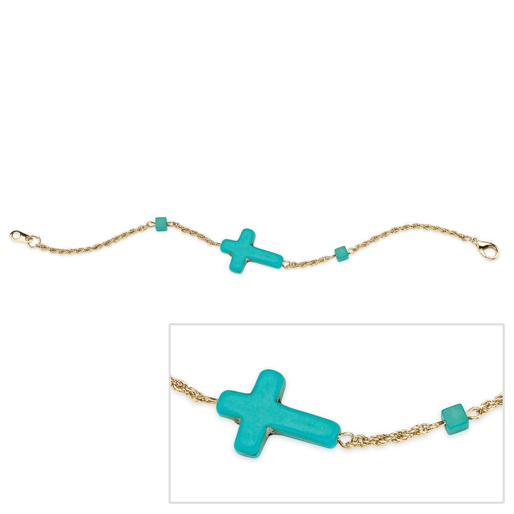 Viennese Turquoise Horizontal Cross Bracelet in Yellow Gold Tone 8"