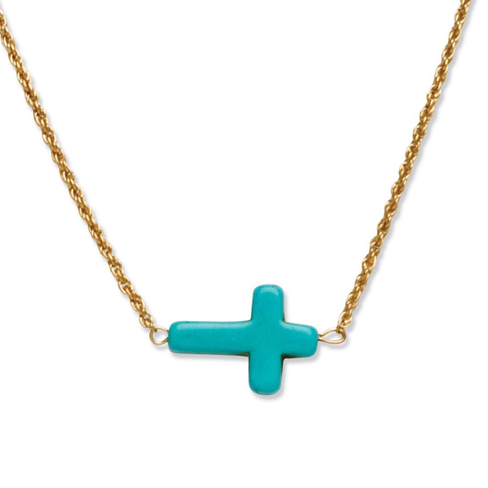 Viennese Turquoise Horizontal Cross Necklace in Yellow Gold Tone