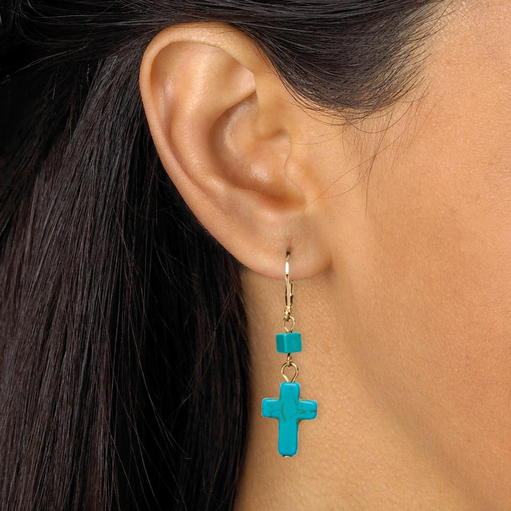 Viennese Turquoise Cross Drop Earrings in Yellow Gold Tone
