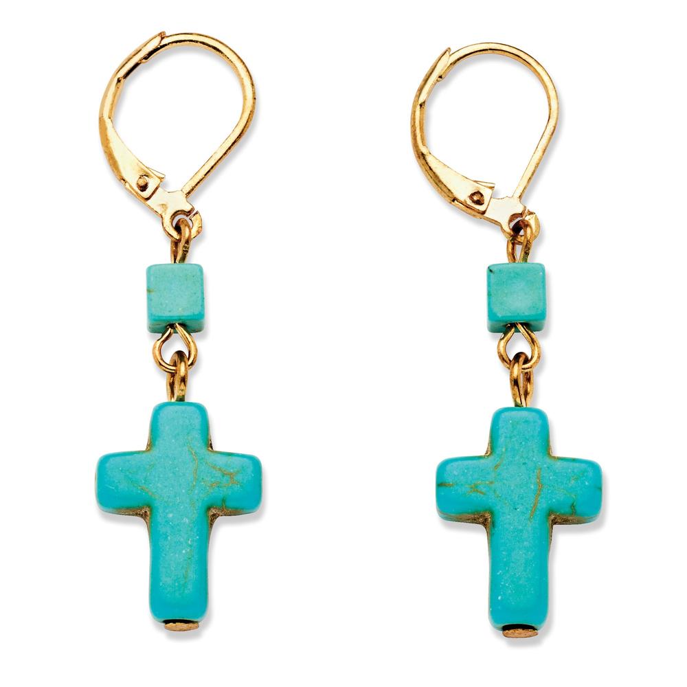 Viennese Turquoise Cross Drop Earrings in Yellow Gold Tone