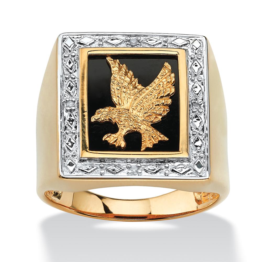 Men's Diamond Accented Genuine Onyx Eagle Ring in 18k Gold over Sterling Silver