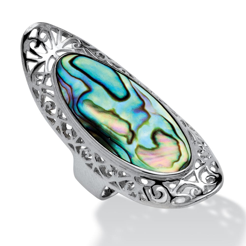 Oval-Shaped Genuine Abalone Filigree Scroll Cocktail Ring in Sterling Silver