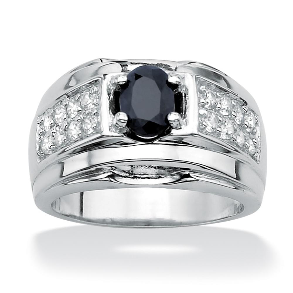 Men's 1.52 TCW Oval Cut Simulated Sapphire Cubic Zirconia Accent Sterling Silver Classic Ring