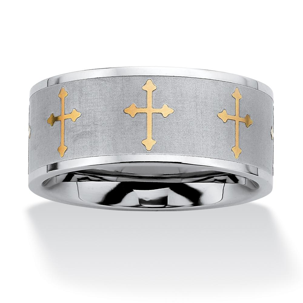 PalmBeach Jewelry Stainless Steel and Yellow Gold Tone Cross Eternity Band