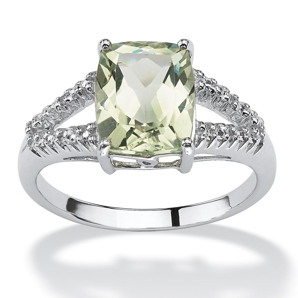 2.32-Carat Cushion-Cut Genuine Green Amethyst and Diamond Accent Platinum over Sterling Silver Ring