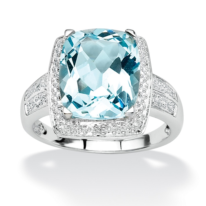 6.41 TCW Cushion-Emerald-Cut Blue Genuine Topaz Diamond Accent Platinum over Sterling Silver Ring
