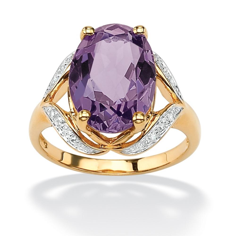 5.20-Carat Oval-Cut Genuine Amethyst with Diamond Accents 18k Gold over Sterling Silver Ring