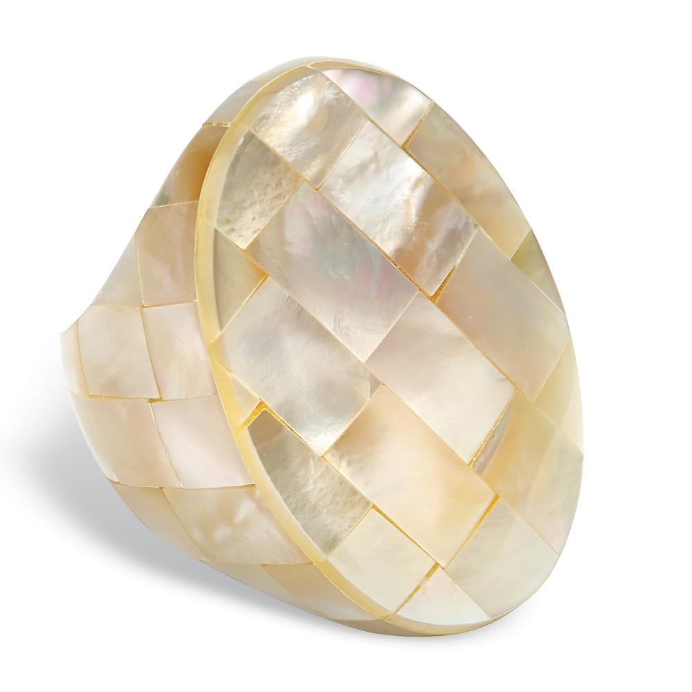 Genuine White Mother-Of-Pearl Oval-Shaped Tiled Ring