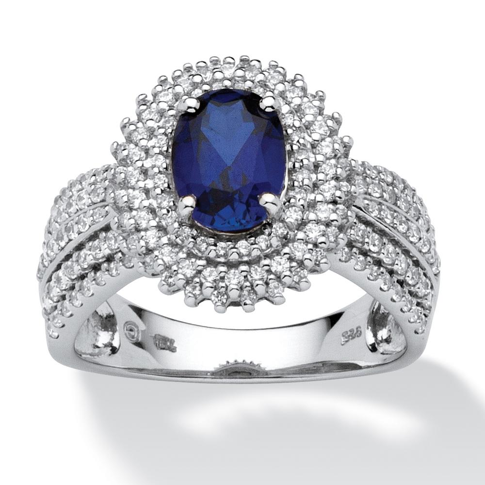 1.55-Carat Oval-Cut Lab-Created Blue Sapphire Platinum over Sterling Silver Engagement Ring