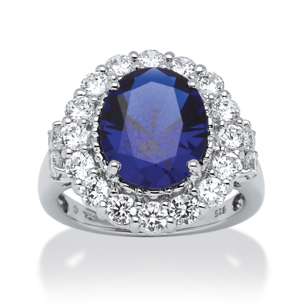 7.39 TCW Oval-Cut Sapphire and Round Cubic Zirconia Ring in Platinum over Sterling Silver