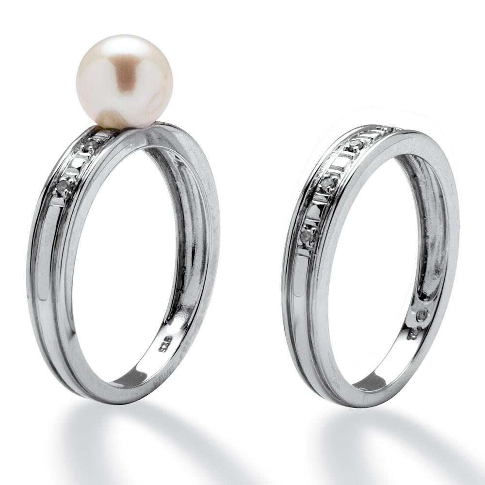 Freshwater Pearl and Diamond Accent 2 Piece Bridal Ring Set in Platinum over Sterling Silver
