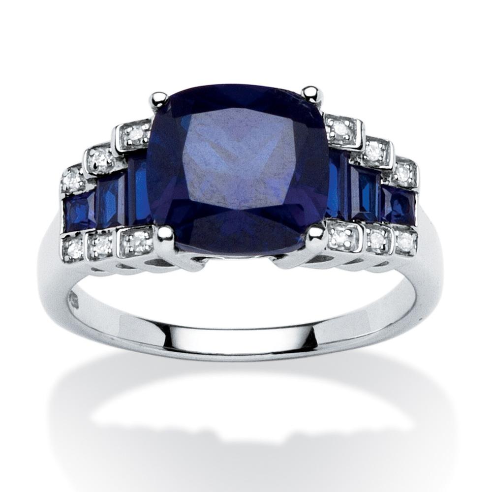 3.19 TCW Sapphire with Diamond Accents Step Ring in Platinum over Sterling Silver