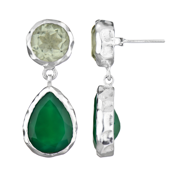 Fia's Silver Pear Drop Earrings - Green Amethyst and Green Onyx
