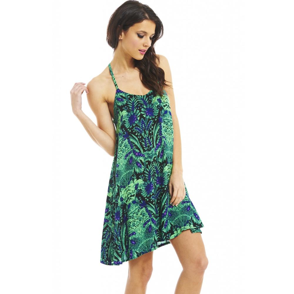 AX Paris Women&#8217;s Tropical Print Strappy Green Swing Dress - Online Exclusive
