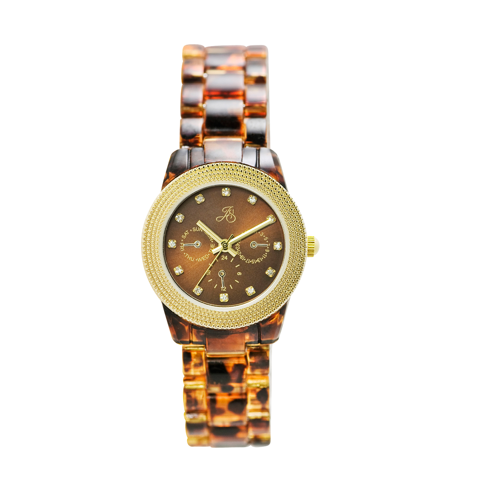 Jaclyn Smith Ladies Gold Plated Round Textured with Stones on the Hour Markers and Tort Look Bracelet Watch, Women's