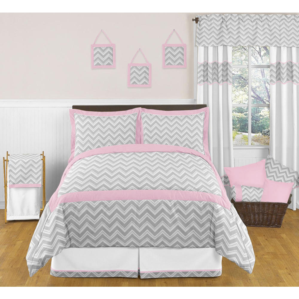 Sweet Jojo Designs Gray and Pink Zig Zag Collection Queen Bed Skirt