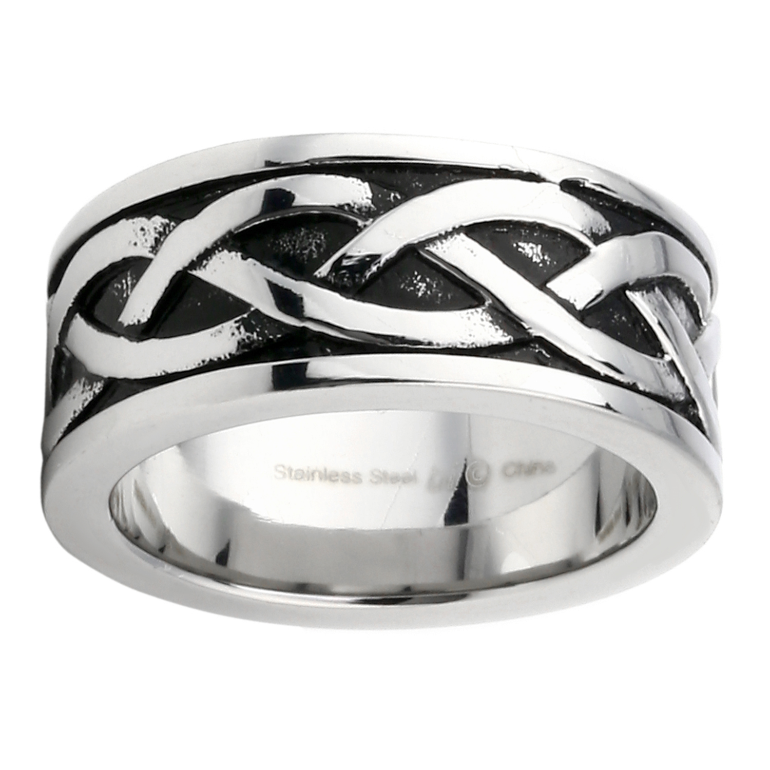Stainless Steel Ring With Black Ion Plating Accent and Braided Inlay