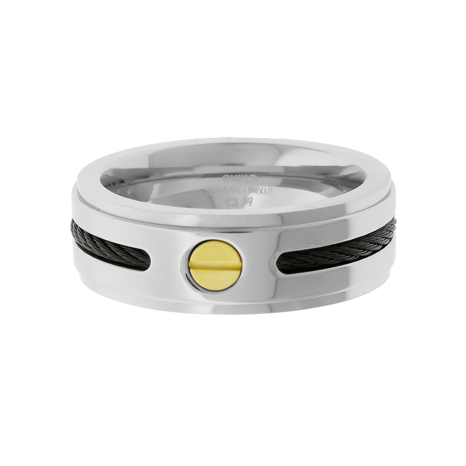Stainless Steel Ring With Black Cables Inlay and Gold Ion Plating Screw Accent