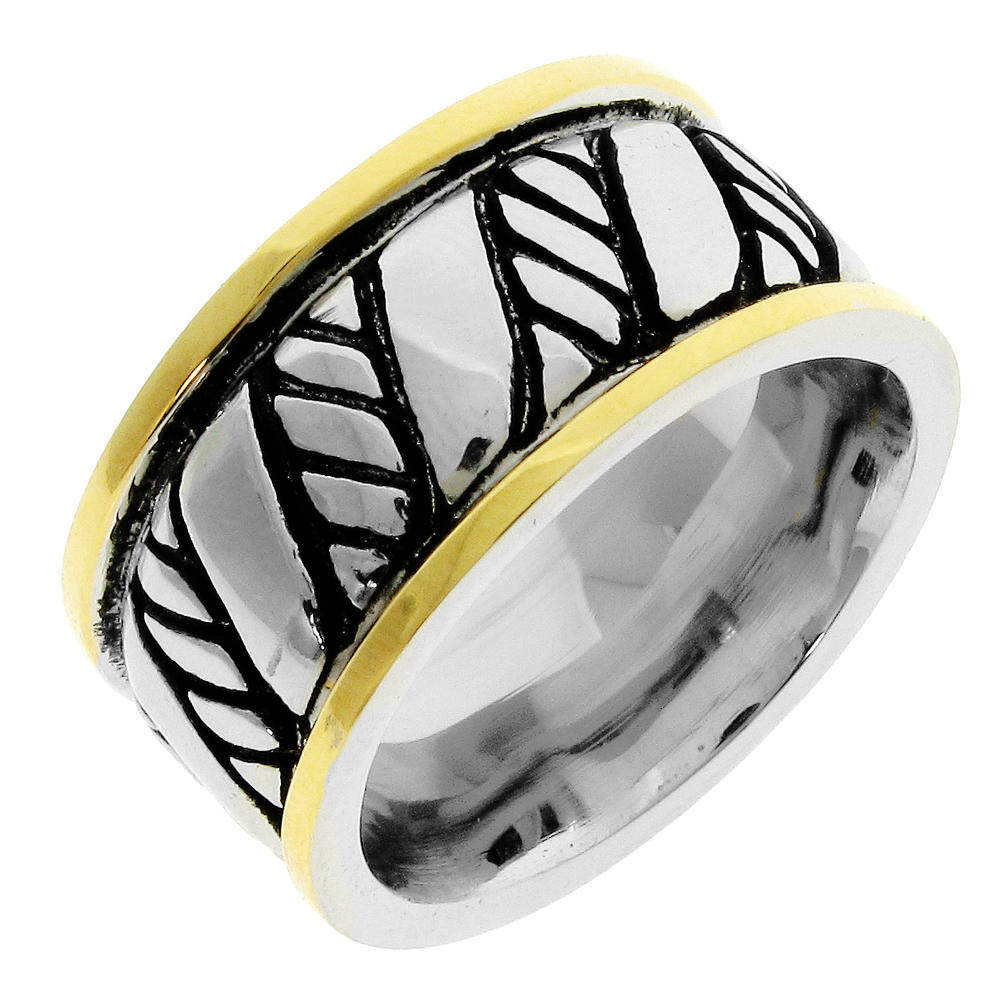 Stainless Steel Slant Texture Ring With Gold Ion Plating Edges