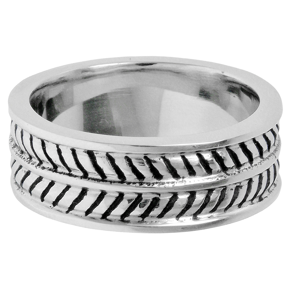 Stainless Steel Etched Ring With Black Ion Plating Accent