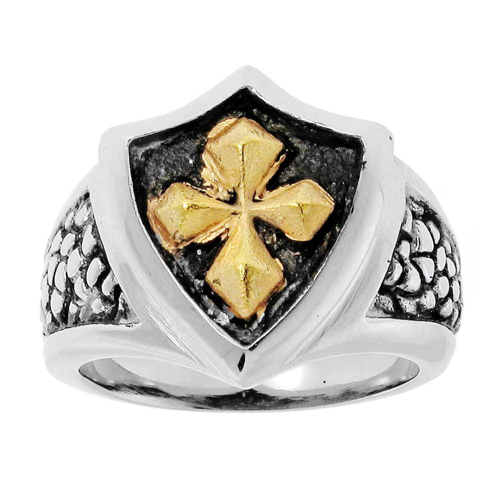 Stainless Steel Shield Ring With Gold Ion Plated Cross Accent