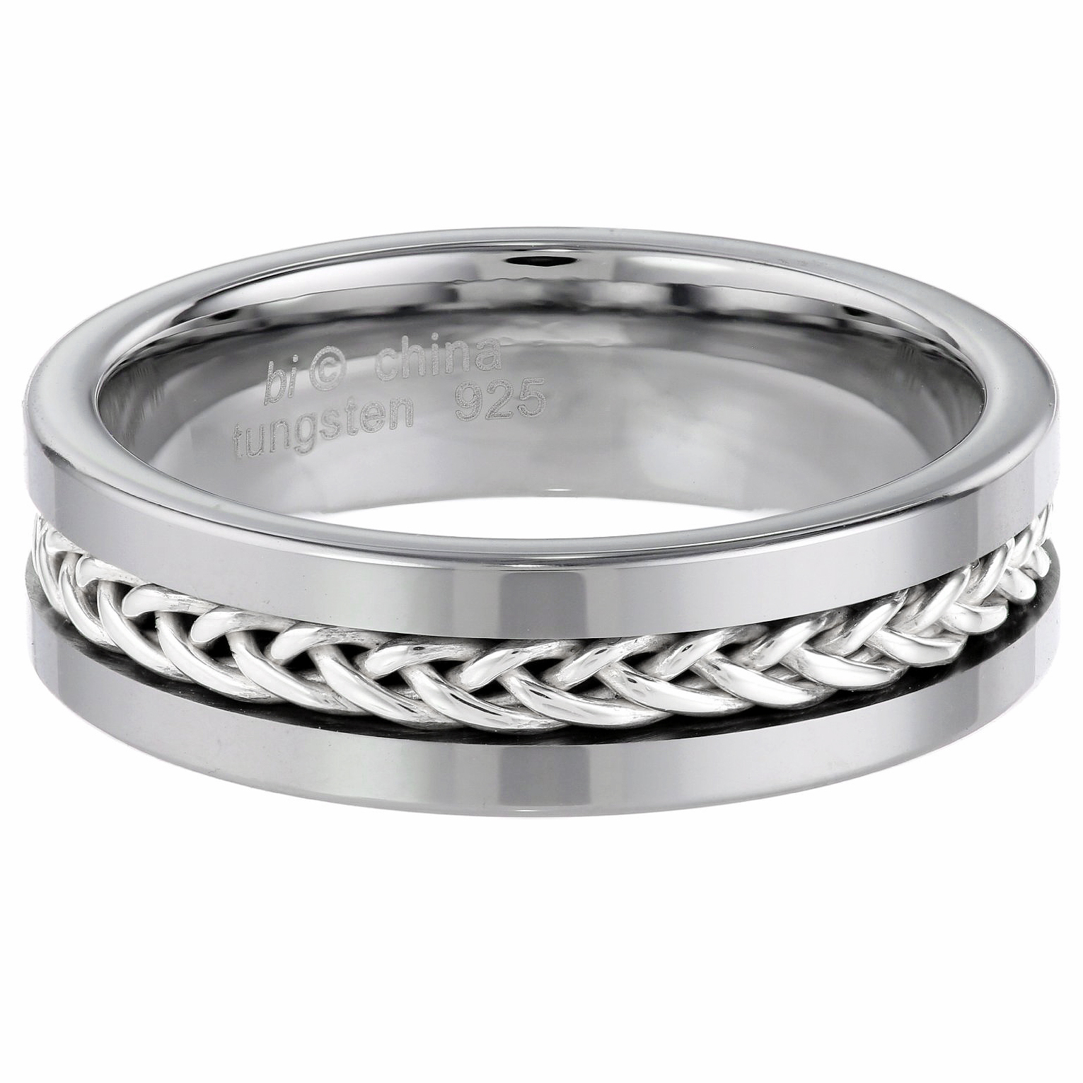 Stainless Steel Ring With Silver Braided Inlay