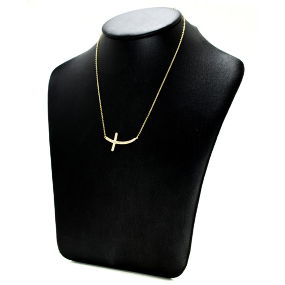 Sakouny's Curved Cubic Zirconia Sideways Cross Necklace - Gold Vermeil
