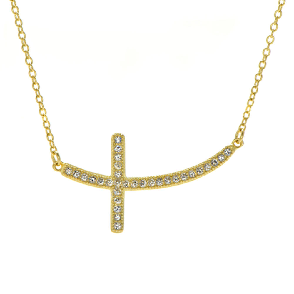 Sakouny's Curved Cubic Zirconia Sideways Cross Necklace - Gold Vermeil