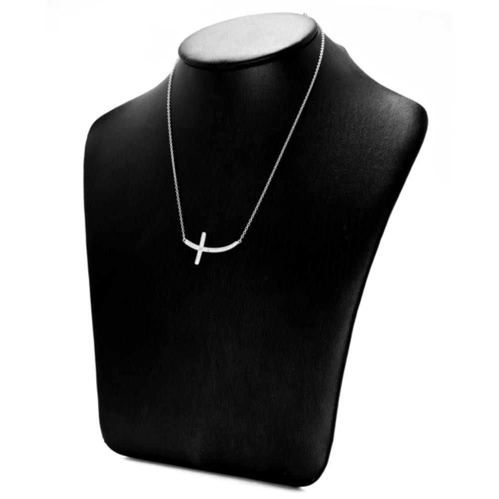 Sakouny's Curved Cubic Zirconia Sideways Cross Necklace - Sterling Silver