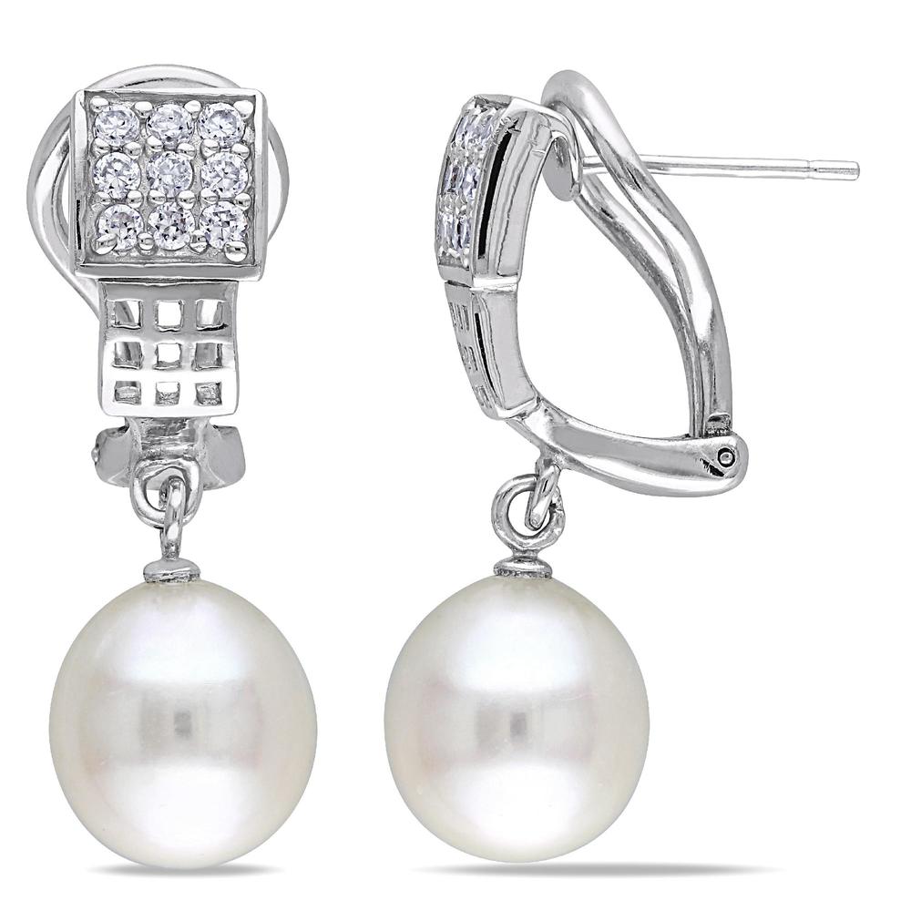 Sterling Silver 9-9.5 MM Freshwater Pearl Earrings With .36 cttw Cubic Zirconia