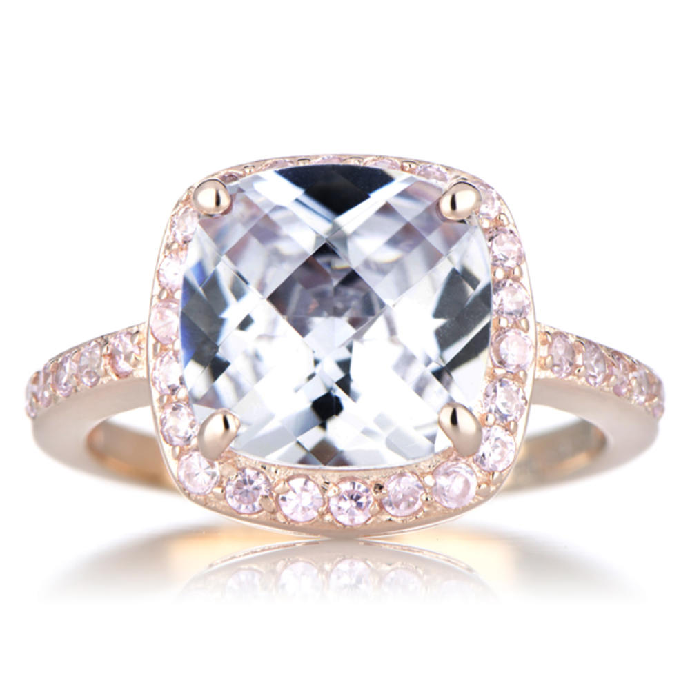 Marina's Rose Gold Cushion Cut Engagement Ring with Pink Cubic Zirconias