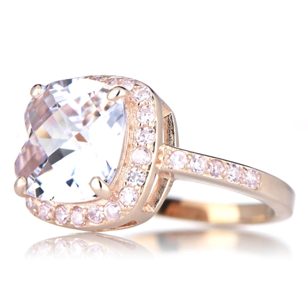 Marina's Rose Gold Cushion Cut Engagement Ring with Pink Cubic Zirconias