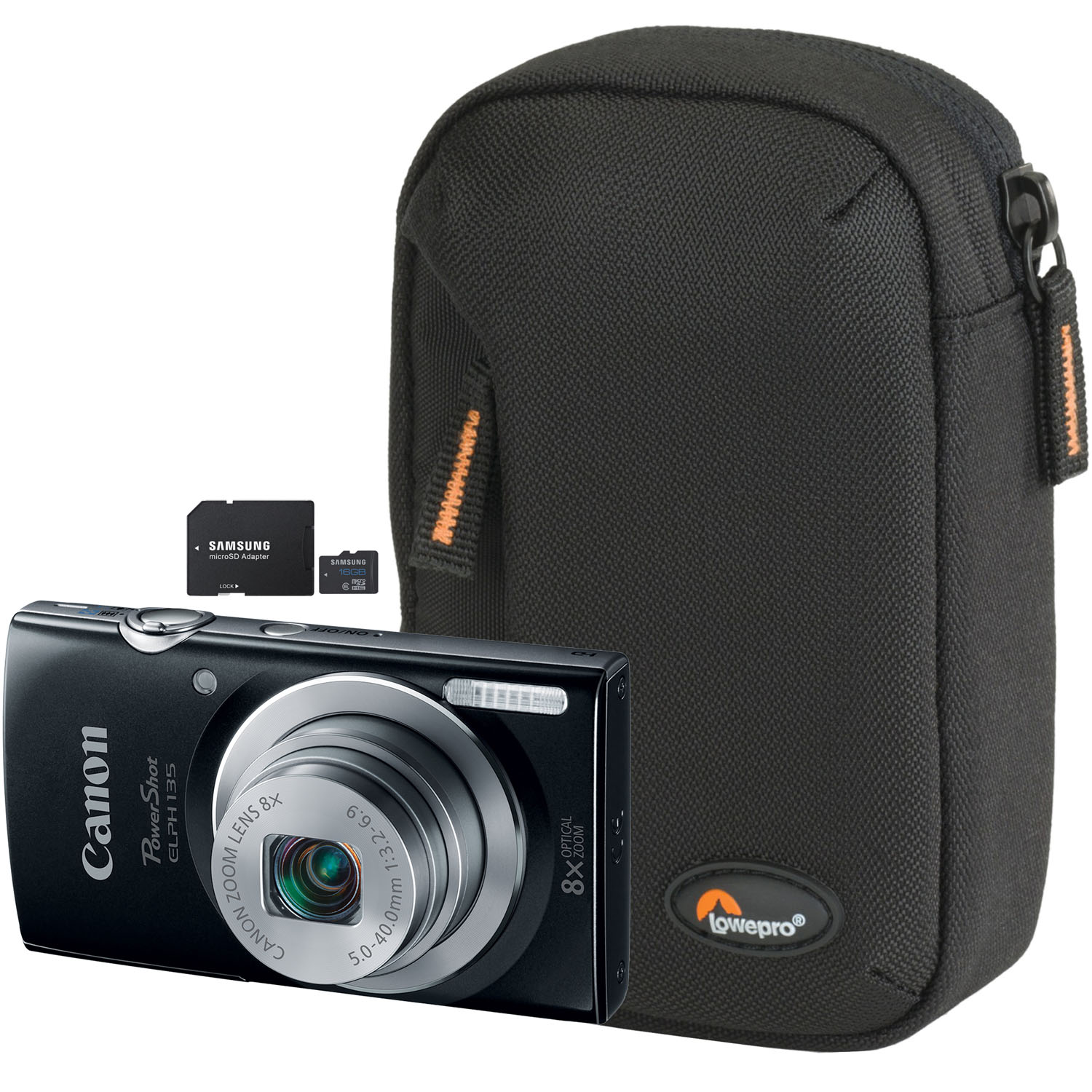 PowerShot ELPH 135 Black 16MP Digital Camera, Compact Case and 16GB microSD Card with Adapter