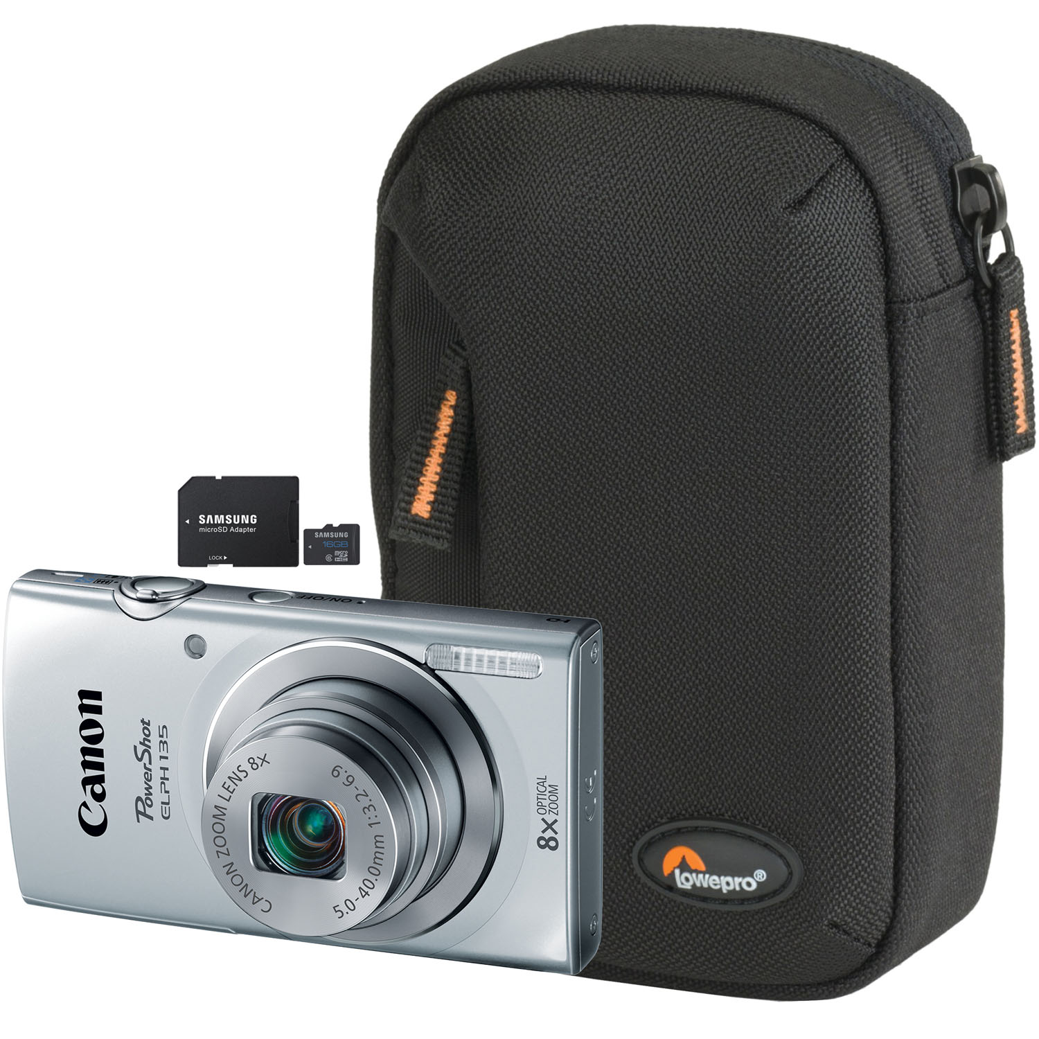 PowerShot ELPH 135 Silver 16MP Digital Camera, Compact Case and 16GB microSD Card with Adapter
