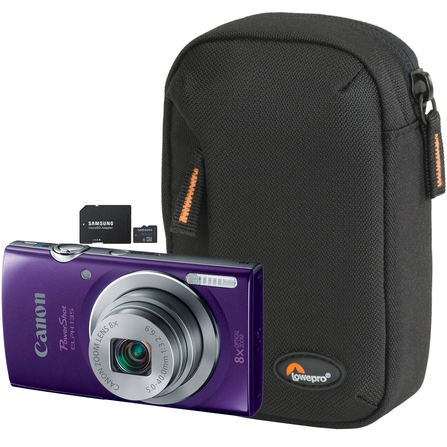PowerShot ELPH 135 Purple 16MP Digital Camera, Compact Case and 16GB microSD Card with Adapter