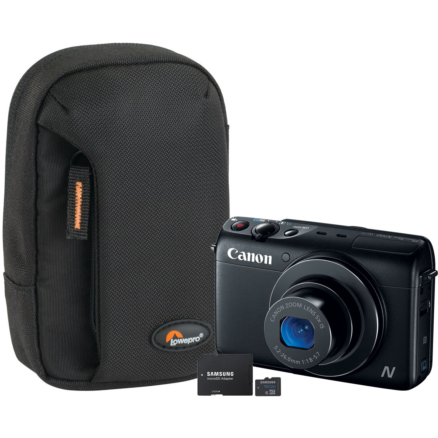 PowerShot N100 12.1MP Black Digital Camera, 16GB microSD Card with Adapter and Compact Camera Pouch
