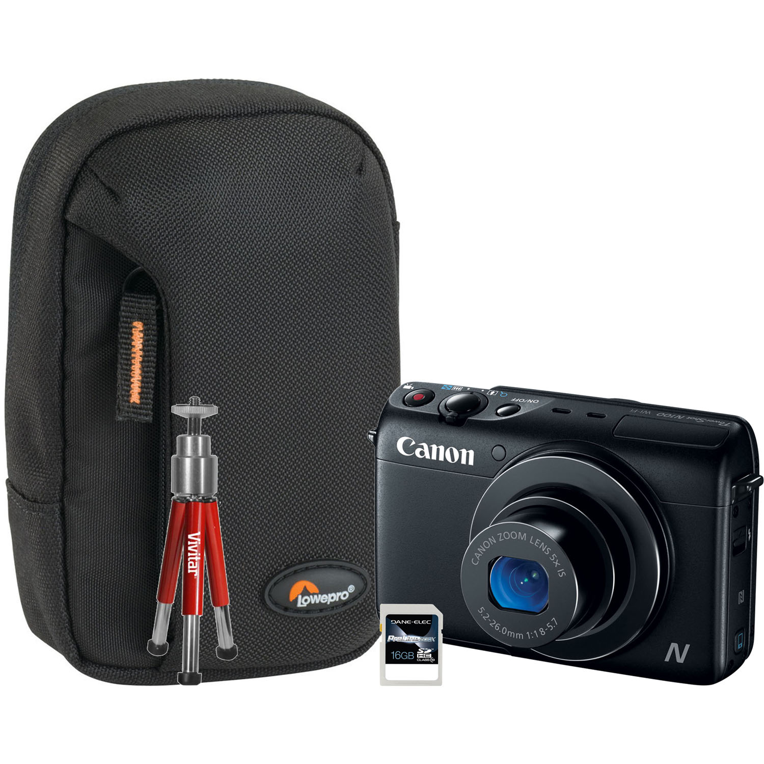 PowerShot N100 12.1MP Black Digital Camera, 16GB SDHC Card, Compact Camera Pouch and Red Mini Tripod