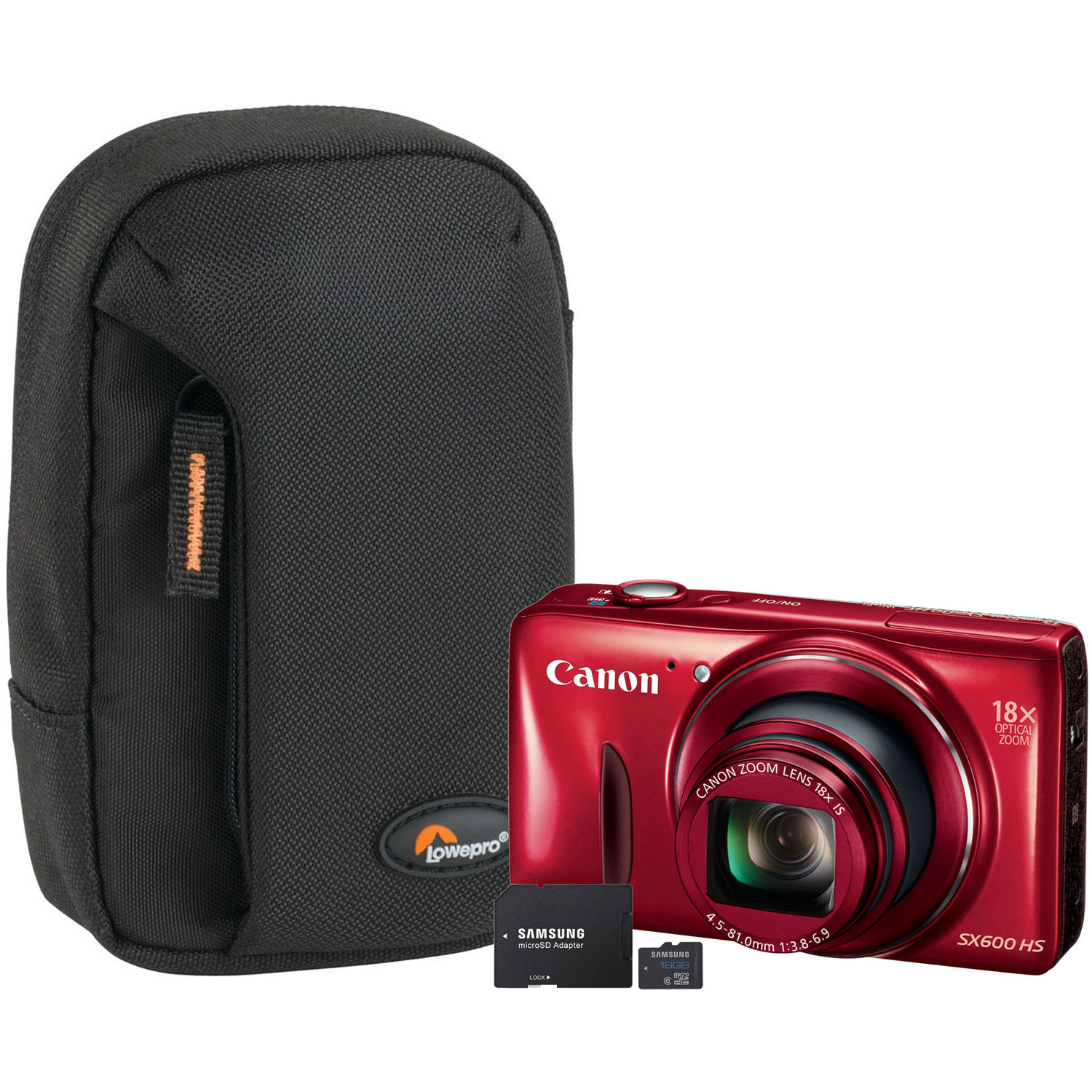 PowerShot SX600 HS 16.1MP Red Digital Camera, 16GB microSD Card with Adapter and Compact Camera Pouch