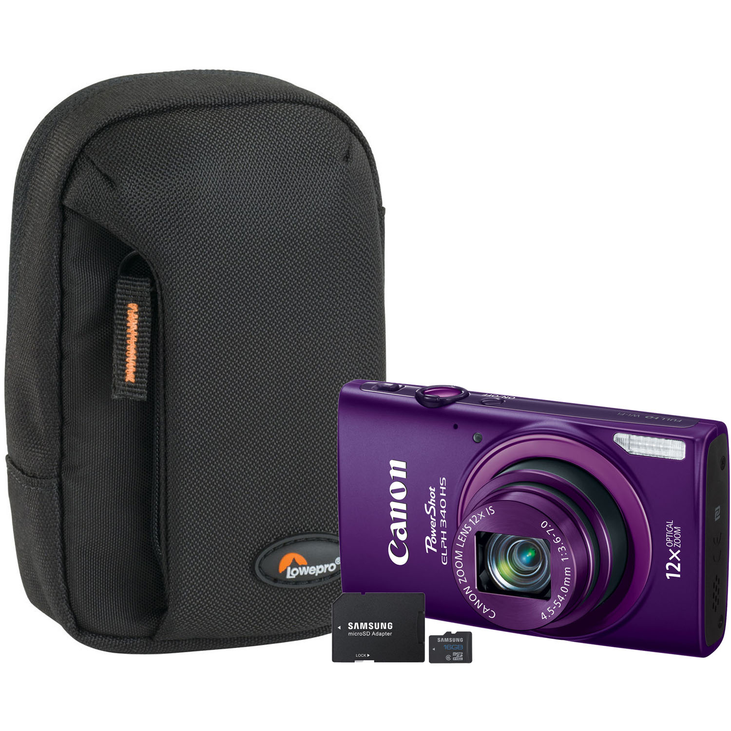 PowerShot ELPH 340 HS 16MP Purple Digital Camera, 16GB microSD Card with Adapter and Compact Camera Pouch