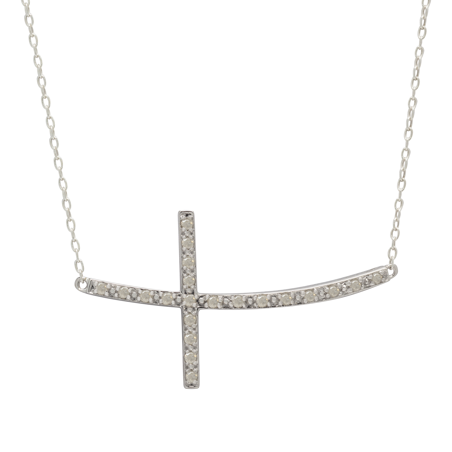 Sterling Silver 1/4 cttw Diamond Side Cross Necklace