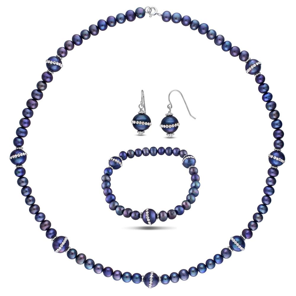Sterling Silver 3 Piece 9-9.5mm Freshwater Black Pearl and White Crystal Necklace  Bracelet and Earrings Set