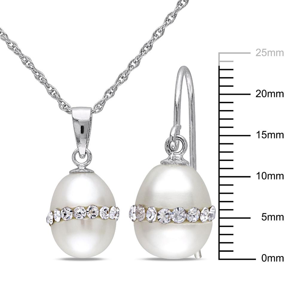 Sterling Silver 2 Piece 8.5-9mm Freshwater Pearl and White Crystal Necklace and Earrings Set