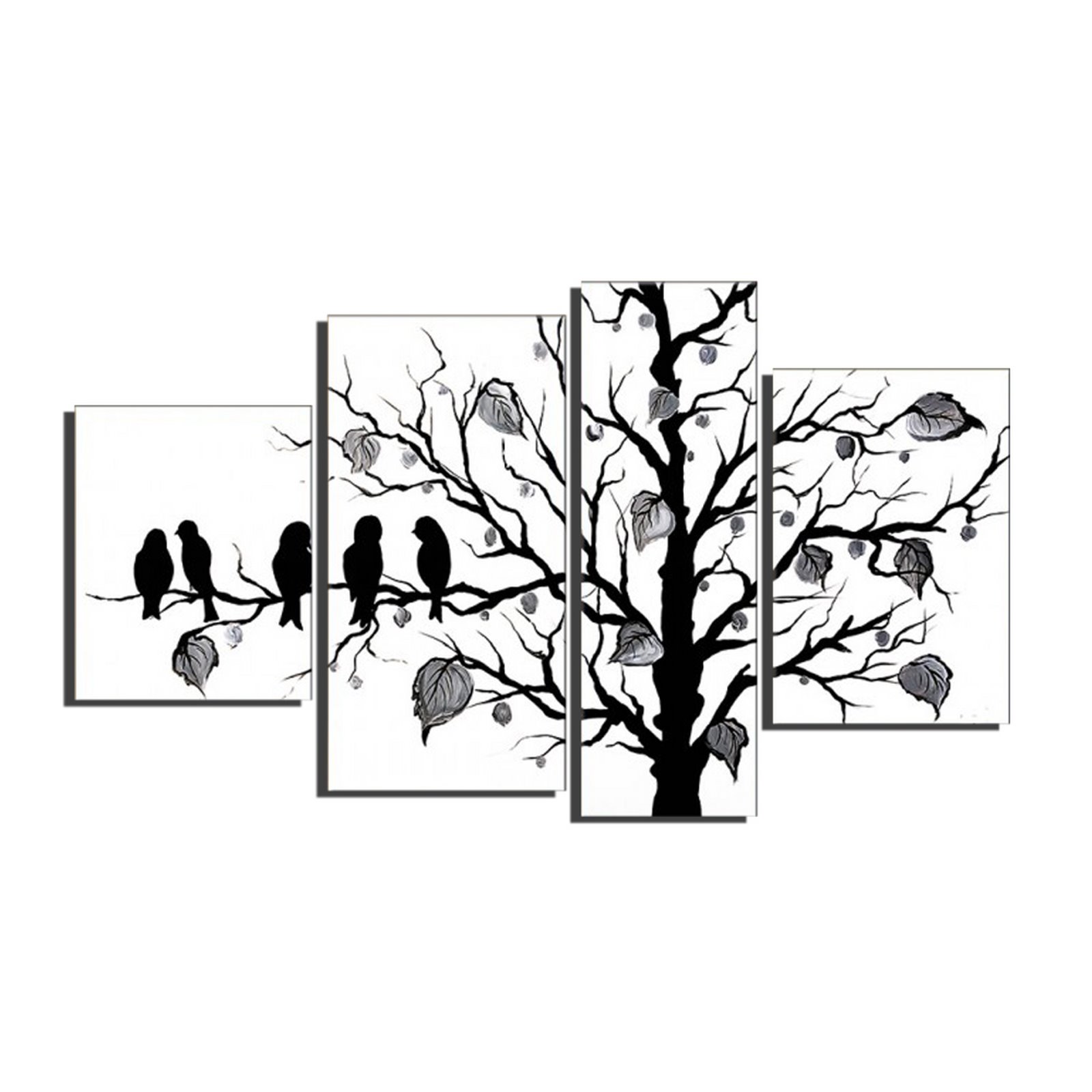 Black and White Nature Bird Painting- 50 x30 in - 4 Panels