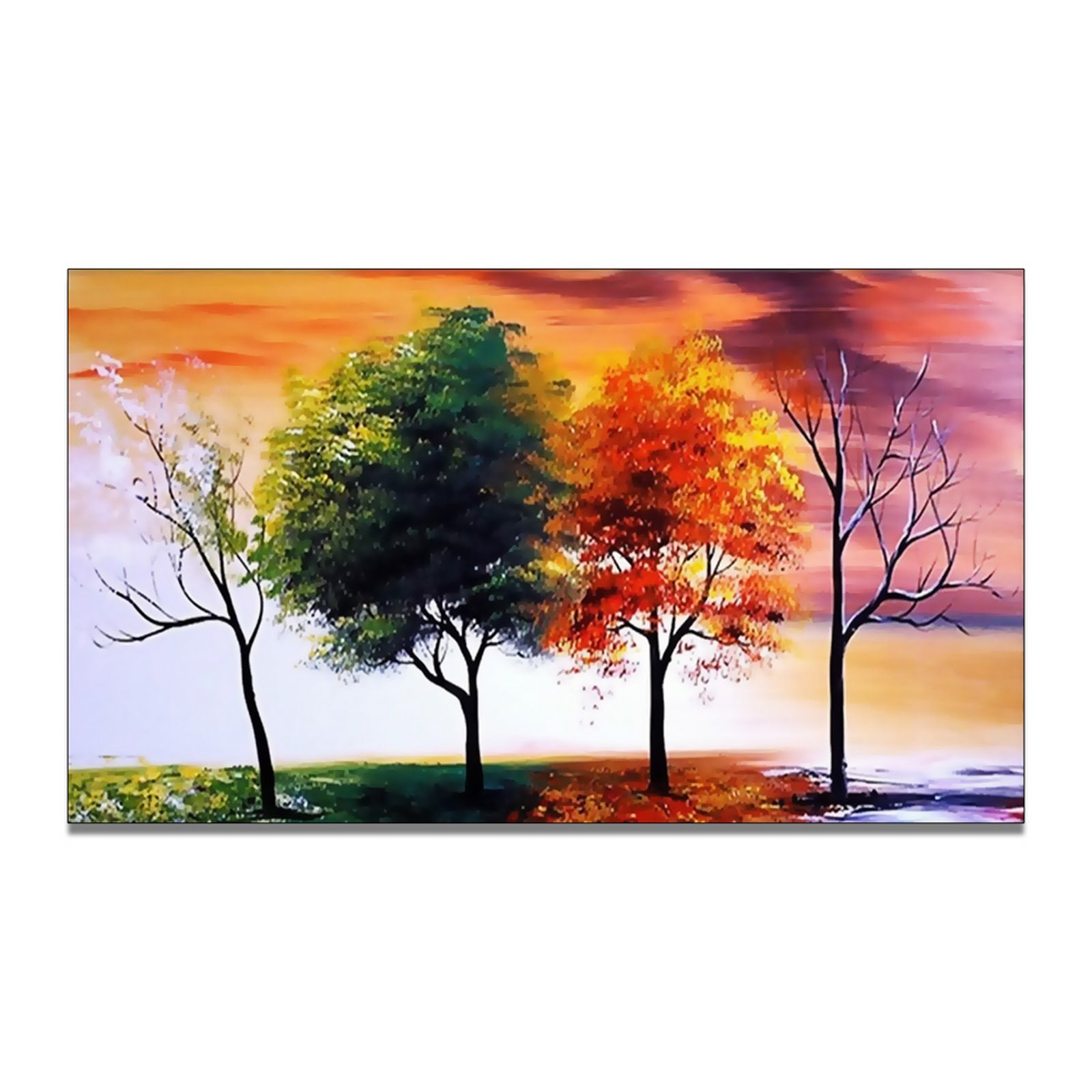 Four Seasons Nature Tree Painting - 32 x 16 in - Textured Hand-Painted Fine Art - Stretched on wooden bars - Wall kit included
