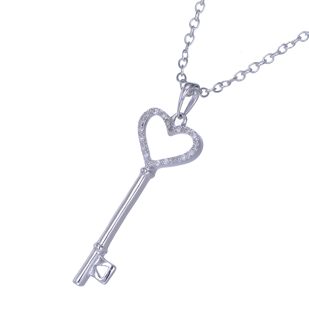 Sterling Silver 0.125 cttw Diamond Key Pendant With 18" Chain